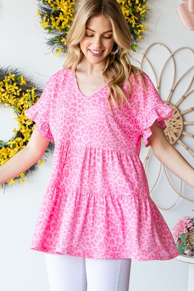 Blue Zone Planet | Heimish Full Size Leopard Ruffle Trim Short Sleeve Top BLUE ZONE PLANET