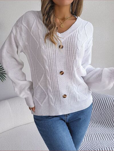 Blue Zone Planet | Cable-Knit Buttoned V-Neck Sweater BLUE ZONE PLANET