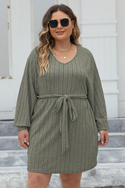 Plus Size Ribbed Tie Front Long Sleeve Sweater Dress BLUE ZONE PLANET