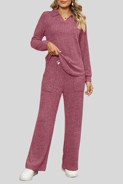 Blue Zone Planet | Ribbed Long Sleeve Top and Pocketed Pants Set BLUE ZONE PLANET