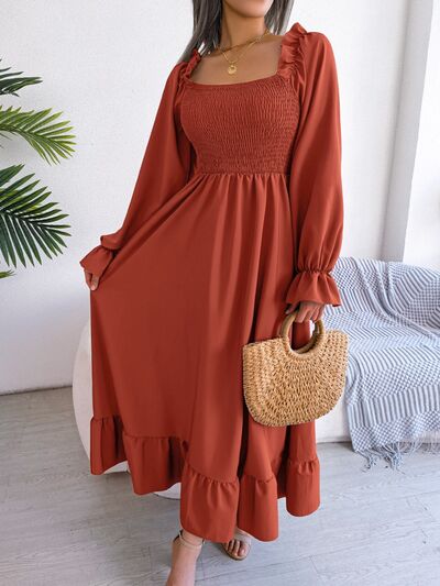 Smocked Square Neck Flounce Sleeve Dress BLUE ZONE PLANET