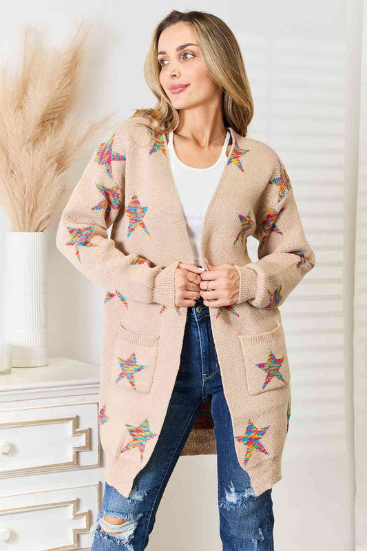 Double Take Star Pattern Open Front Longline Cardigan BLUE ZONE PLANET