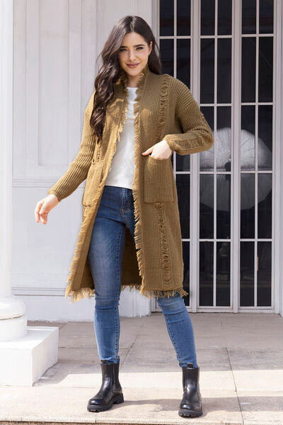 Fringe Trim Open Front Cardigan with Pockets BLUE ZONE PLANET