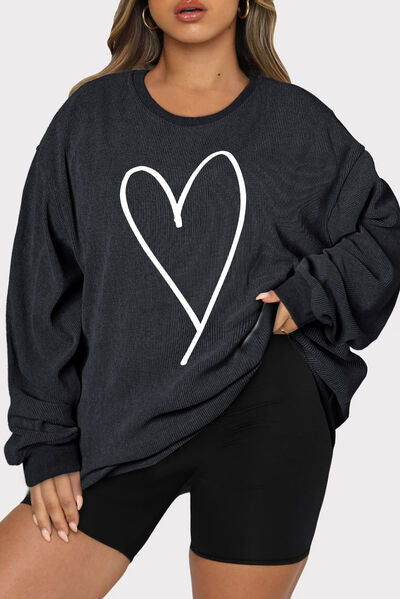 Blue Zone Planet | Plus Size Heart Ribbed Round Neck Sweatshirt BLUE ZONE PLANET