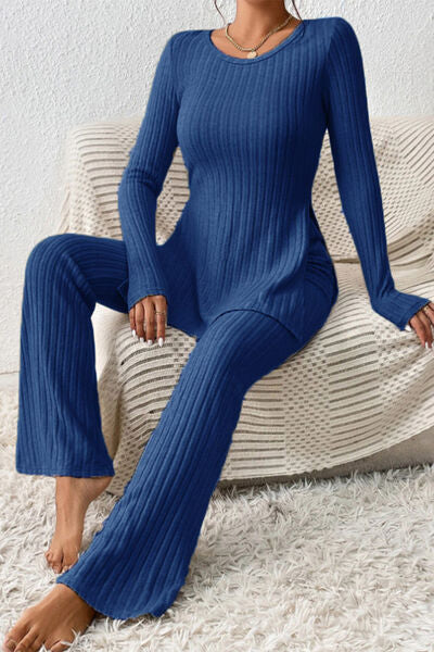 Blue Zone Planet |  Ribbed Long Sleeve Slit Top and Bootcut Pants Set BLUE ZONE PLANET