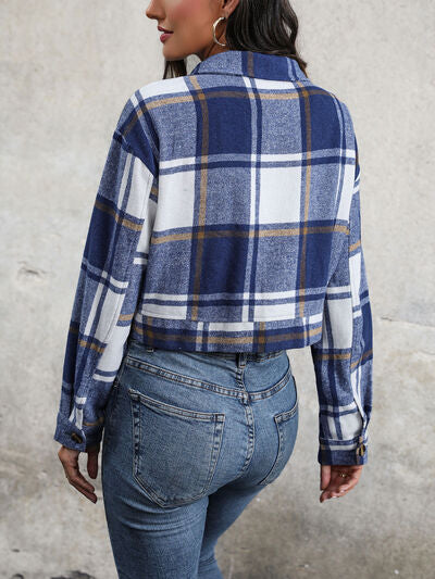Blue Zone Planet | Plaid Button Up Drop Shoulder Cropped Jacket BLUE ZONE PLANET