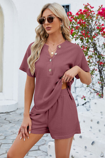 Blue Zone Planet | Notched Button Detail Dropped Shoulder Top and Shorts Set BLUE ZONE PLANET