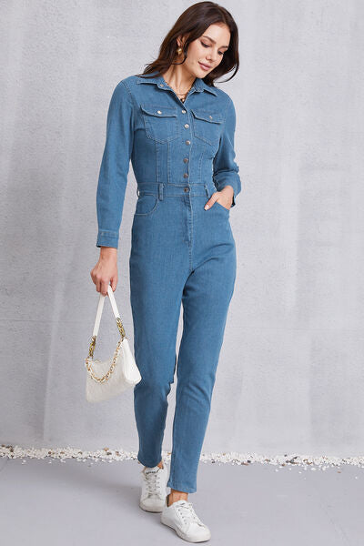 Blue Zone Planet |  Snap Down Denim Jumpsuit with Pockets BLUE ZONE PLANET