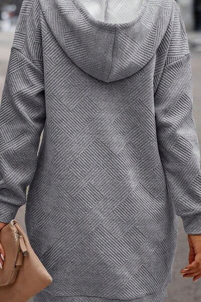 Texture Half Snap Drawstring Hooded Dress BLUE ZONE PLANET