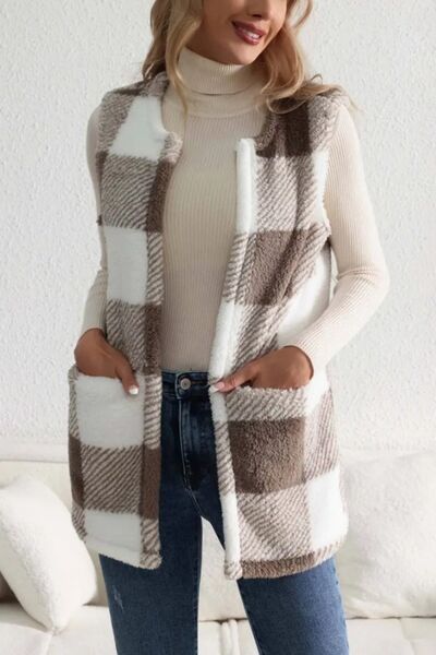 Sherpa Plaid Open Front Vest Coat BLUE ZONE PLANET