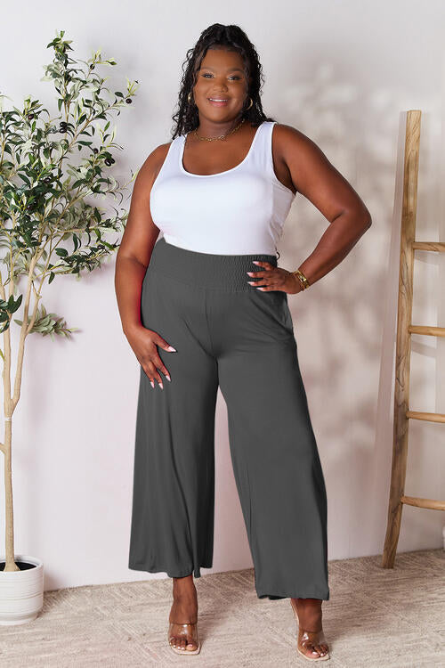 Double Take Full Size Smocked Wide Waistband Wide Leg Pants BLUE ZONE PLANET