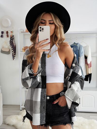 Blue Zone Planet | Plaid Button Up Dropped Shoulder Jacket BLUE ZONE PLANET