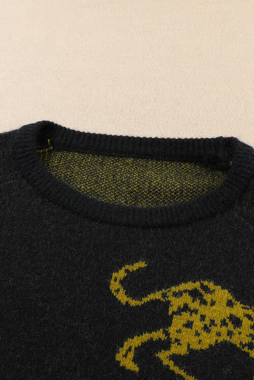 Animal Print Round Neck Sweater BLUE ZONE PLANET