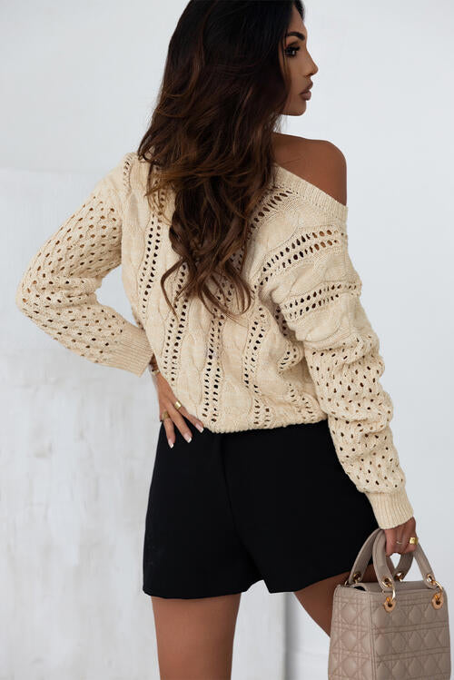 Full Size Openwork Cable-Knit Round Neck Knit Top BLUE ZONE PLANET