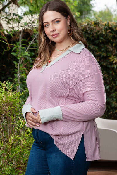 Plus Size Exposed Seam Johnny Collar Long Sleeve T-Shirt BLUE ZONE PLANET
