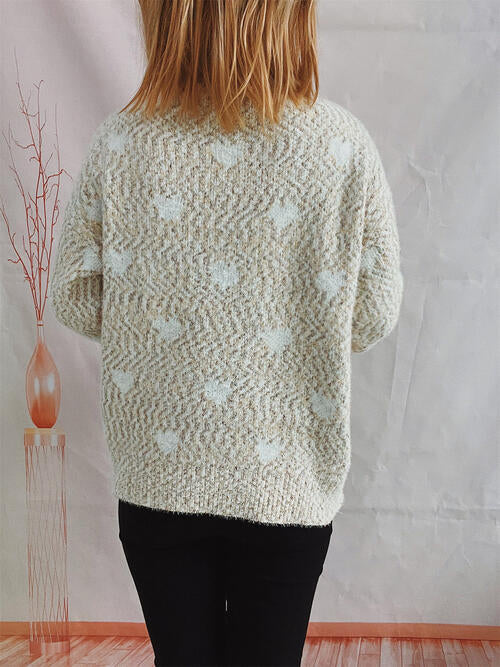 Blue Zone Planet | Heart Heathered Turtleneck Drop Shoulder Sweater BLUE ZONE PLANET