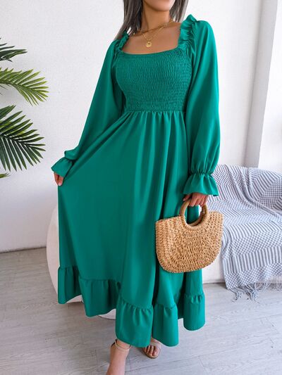 Smocked Square Neck Flounce Sleeve Dress BLUE ZONE PLANET