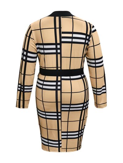 Plus Size Plaid V-Neck Long Sleeve Wrap Dress BLUE ZONE PLANET