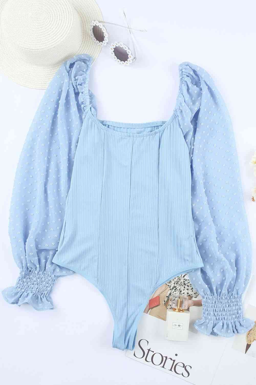Swiss Dot Flounce Sleeve Square Neck Bodysuit BLUE ZONE PLANET