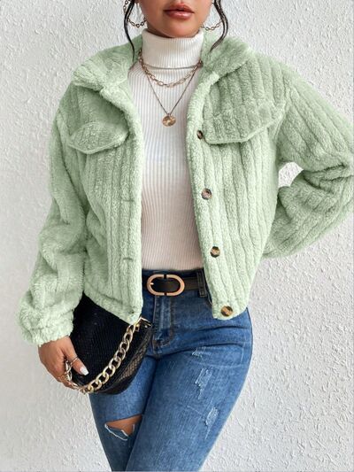 Blue Zone Planet | Fuzzy Button Up Collared Neck Jacket BLUE ZONE PLANET