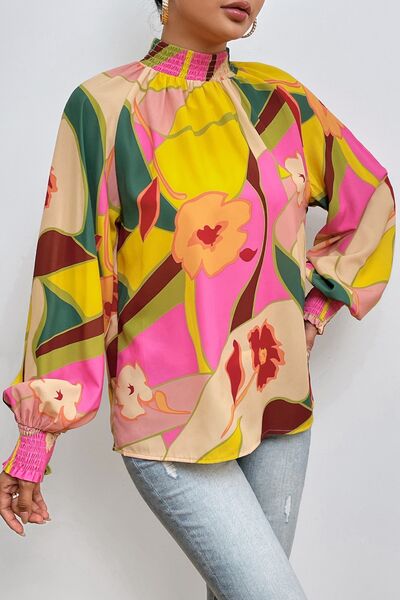 Blue Zone Planet | Floral Smocked Lantern Sleeve Mock Neck Blouse BLUE ZONE PLANET