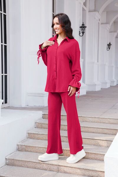 Blue Zone Planet | Drawstring Flounce Sleeve Shirt and Pants Set BLUE ZONE PLANET