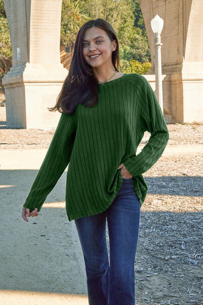Basic Bae Full Size Ribbed Round Neck Long Sleeve Knit Top BLUE ZONE PLANET