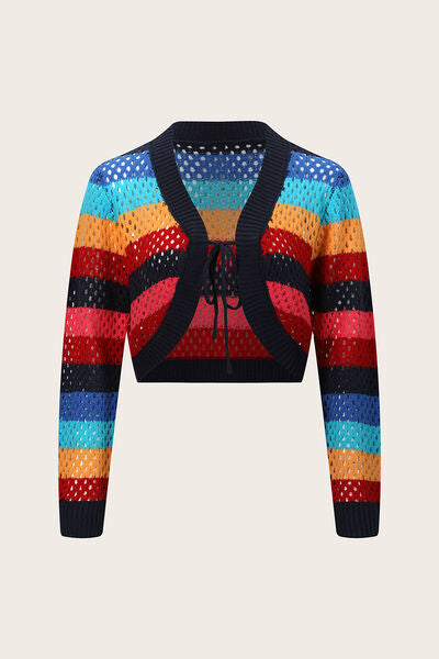 Openwork Color Block Tied Cardigan Trendsi