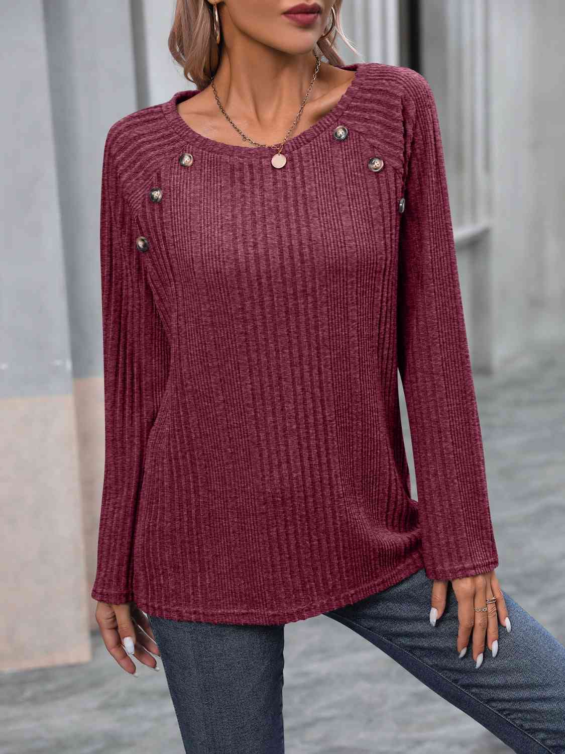 Ribbed Buttoned Round Neck Long Sleeve T-Shirt BLUE ZONE PLANET