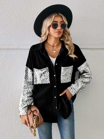 Leopard Button Up Denim Jacket BLUE ZONE PLANET