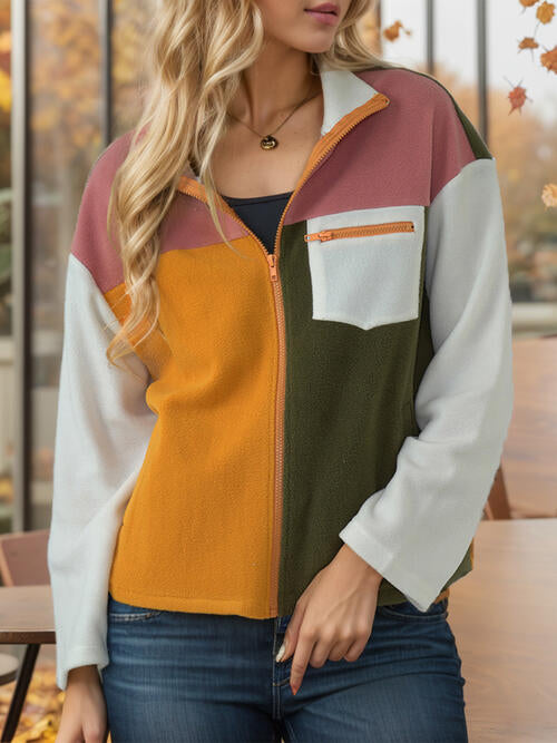 Color Block Zip-Up Long Sleeve Jacket BLUE ZONE PLANET