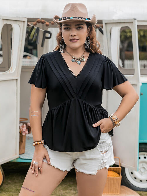 Plus Size V-Neck Flutter Sleeves Blouse BLUE ZONE PLANET