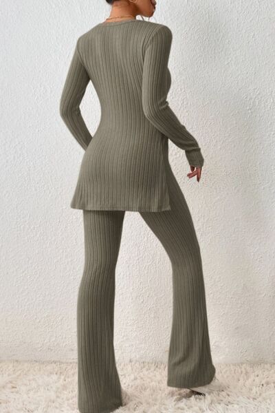 Blue Zone Planet | Ribbed Long Sleeve Slit Top and Bootcut Pants Set BLUE ZONE PLANET