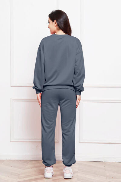 Blue Zone Planet | Round Neck Long Sleeve Sweatshirt and Pants Set BLUE ZONE PLANET