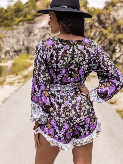 Blue Zone Planet | Printed Frill Half Button Balloon Sleeve Romper BLUE ZONE PLANET