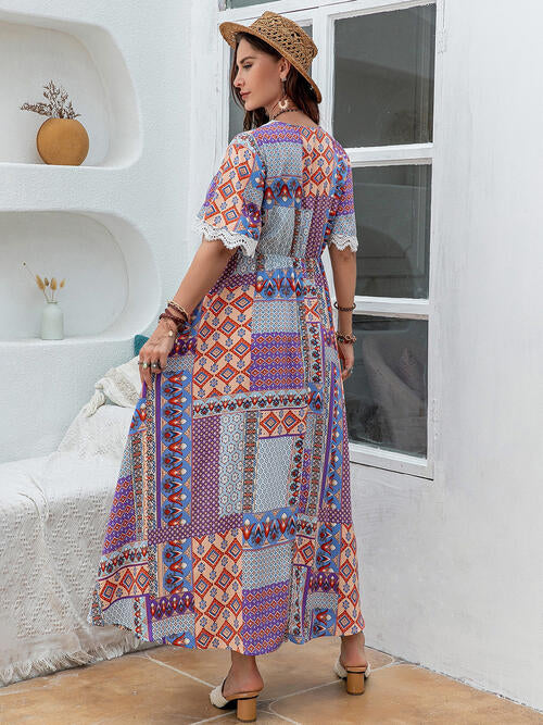 Double Take Plus Size Printed Lace Detail Short Sleeve Dress BLUE ZONE PLANET