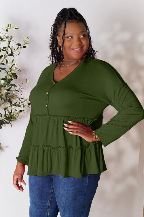 Double Take Half Button Long Sleeve Ruffle Hem Blouse BLUE ZONE PLANET