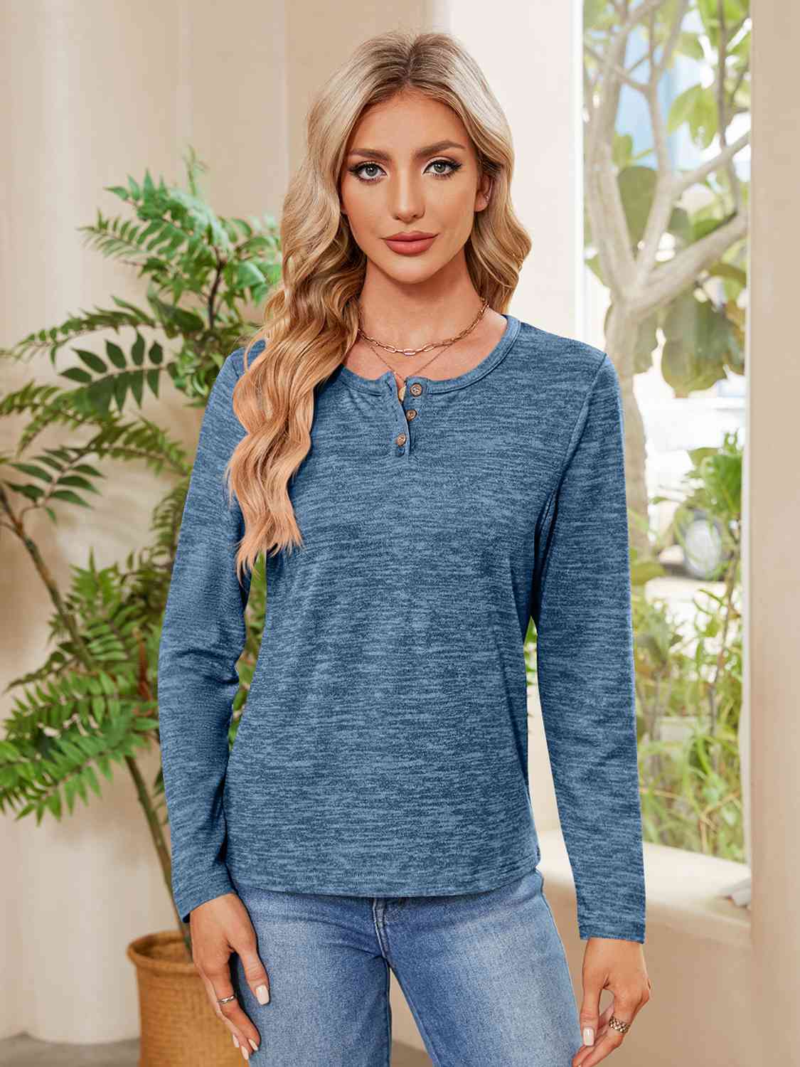 Buttoned Round Neck Long Sleeve T-Shirt BLUE ZONE PLANET