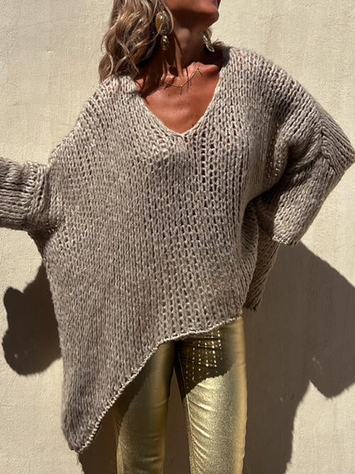 Contrast V-Neck Long Sleeve Sweater BLUE ZONE PLANET
