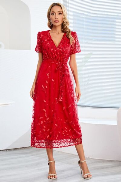Blue Zone Planet |  Sequin Leaf Embroidery Tie Front Short Sleeve Dress BLUE ZONE PLANET