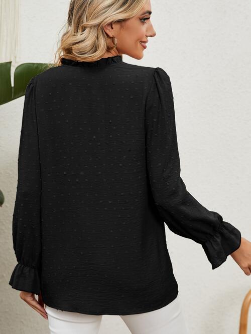 Button Up Flounce Sleeve V-Neck Shirt BLUE ZONE PLANET