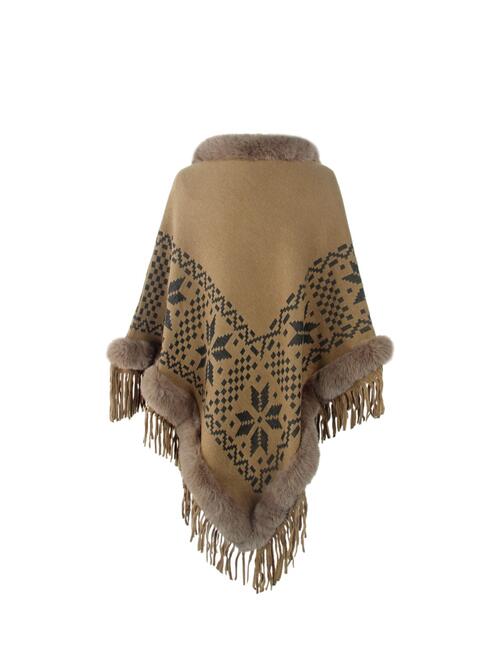 Fringe Geometric Cape Sleeve Poncho BLUE ZONE PLANET