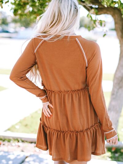 Waffle-Knit Frill Mini Tiered Dress Trendsi