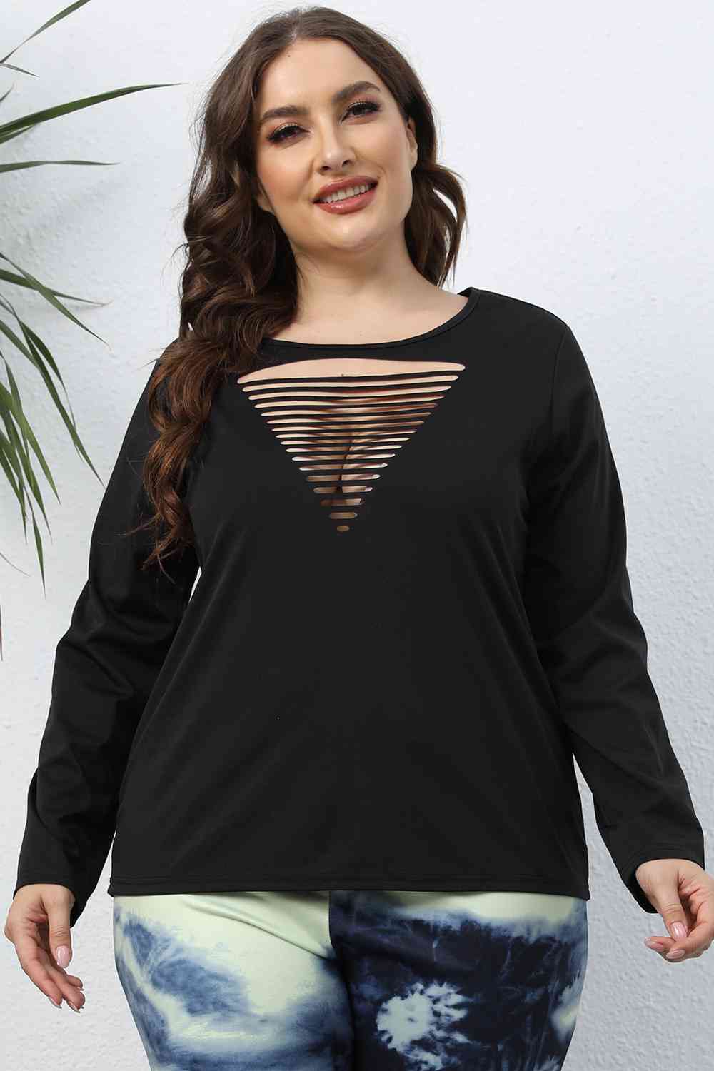 Plus Size Cutout Front Long Sleeve T-Shirt BLUE ZONE PLANET