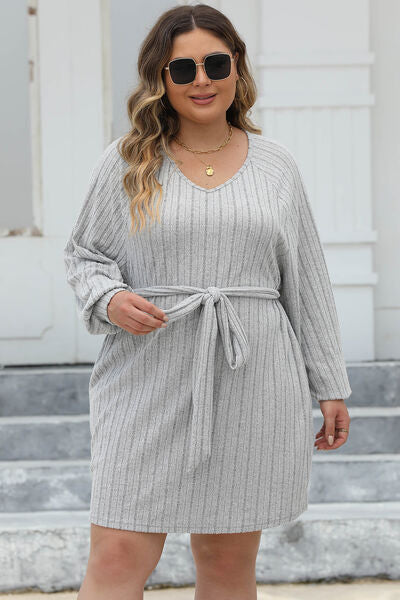 Plus Size Ribbed Tie Front Long Sleeve Sweater Dress BLUE ZONE PLANET