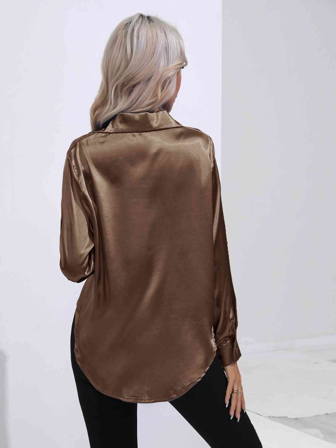 Collared Neck Buttoned Long Sleeve Shirt BLUE ZONE PLANET