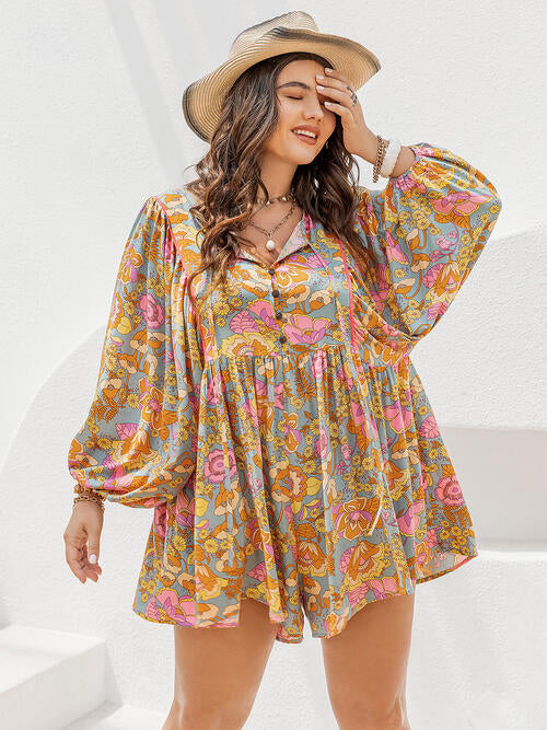 Plus Size Floral Tie Neck Balloon Sleeve Romper BLUE ZONE PLANET