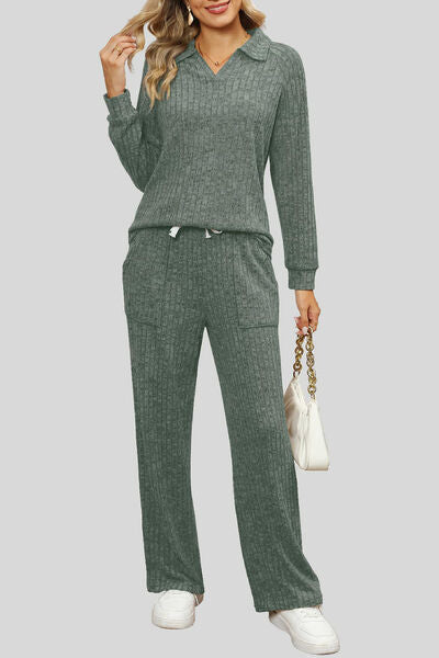 Blue Zone Planet | Ribbed Long Sleeve Top and Pocketed Pants Set BLUE ZONE PLANET