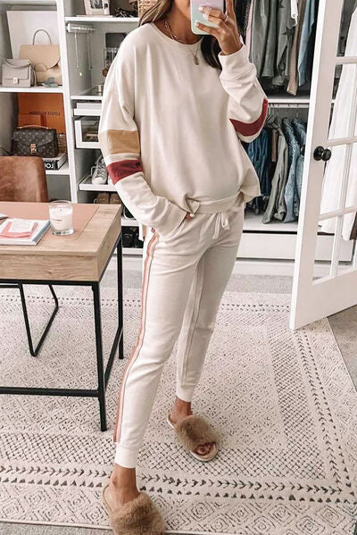 Blue Zone Planet | Striped Round Neck Sweatshirt and Drawstring Joggers Set BLUE ZONE PLANET
