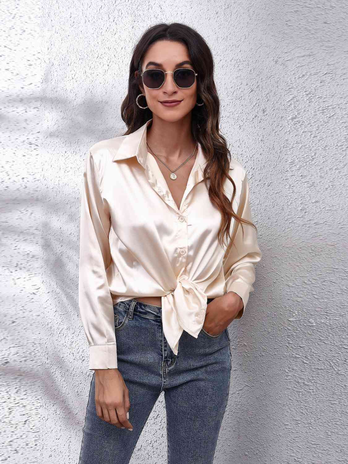 Collared Neck Buttoned Long Sleeve Shirt BLUE ZONE PLANET
